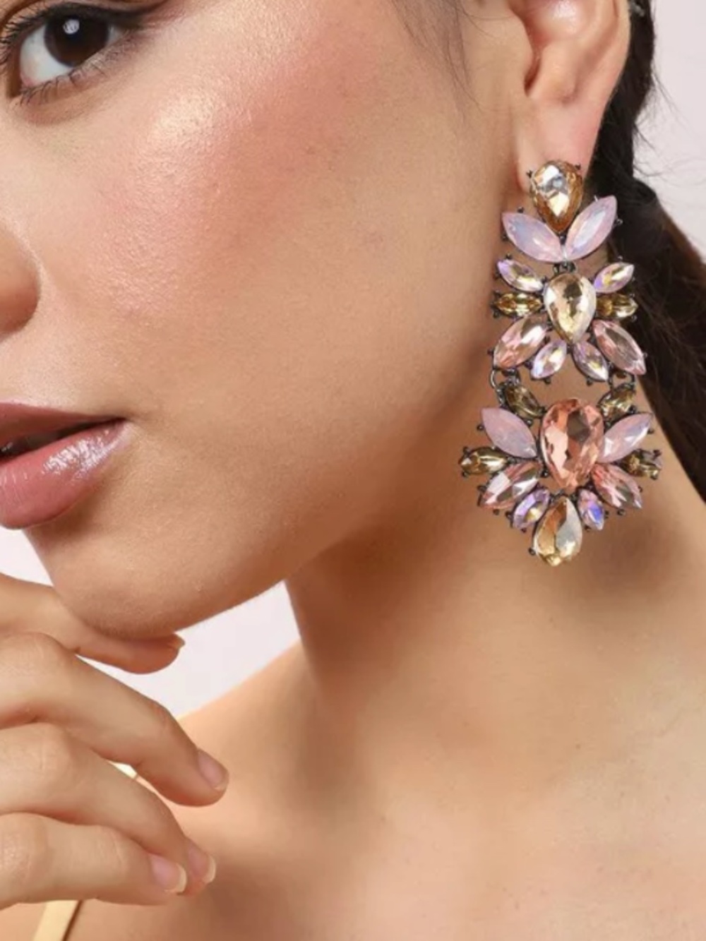 Sohi Blush Pink Champagne Iridescent Floral Crystal Statement Drop Earrings